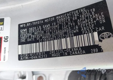 2018 Toyota Corolla Le from USA, damaged, VIN 2T1BURHE3JC073694